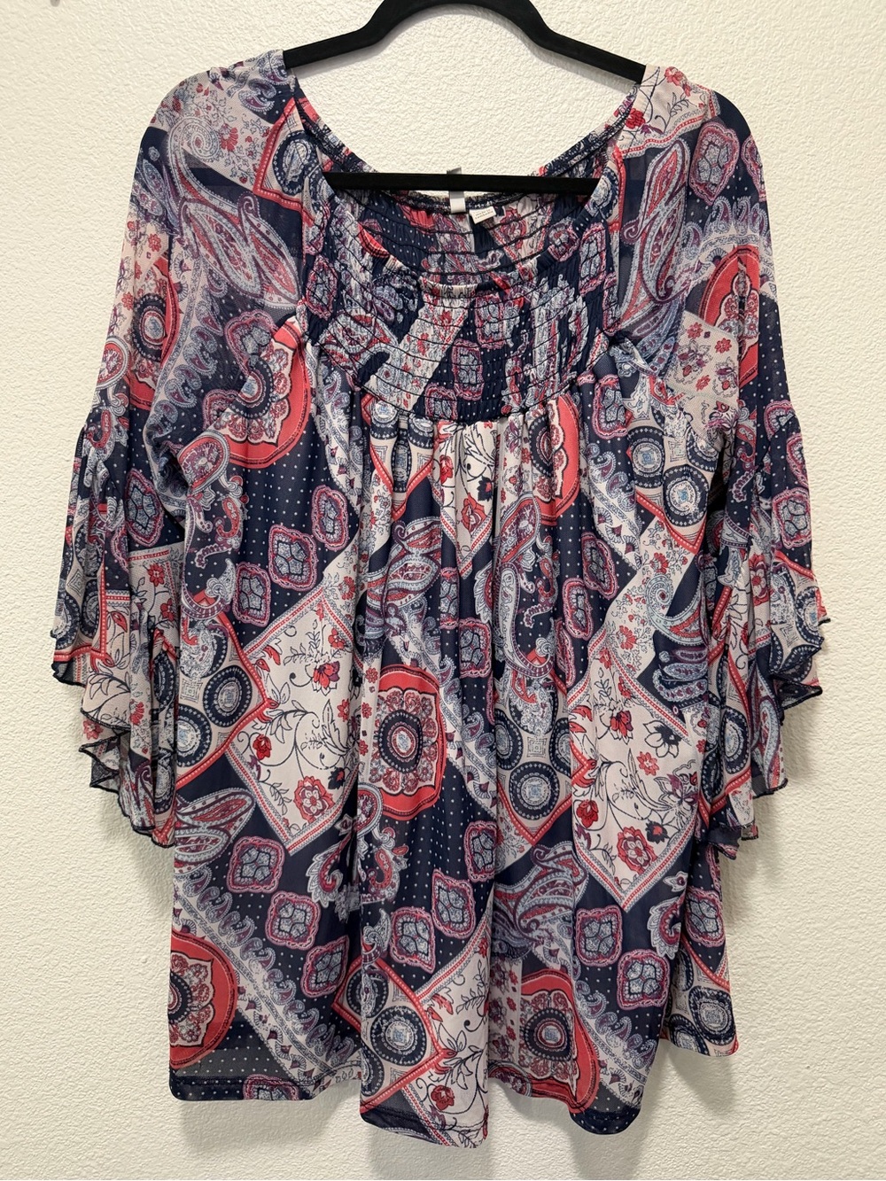 C Est 1946 sheer lined bohemian blouse, bell 3/4 sleeves, size 18/20W